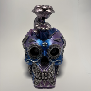 Ebros Gift Metallic Blue Dragon with Purple Spikes Perching On Oversized Skull Figurine